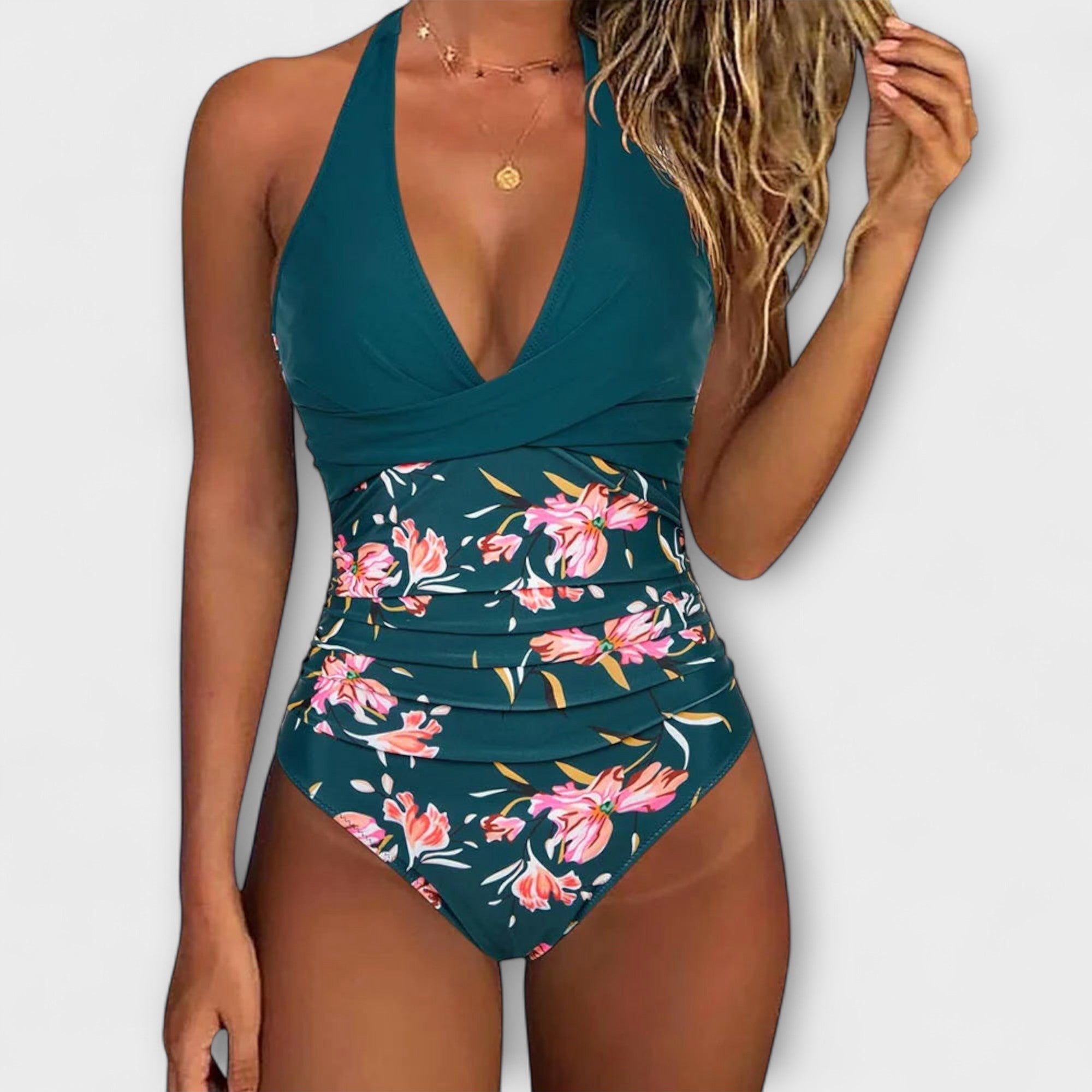 Üksik Ma swimsuit V-kujulise kaelusega